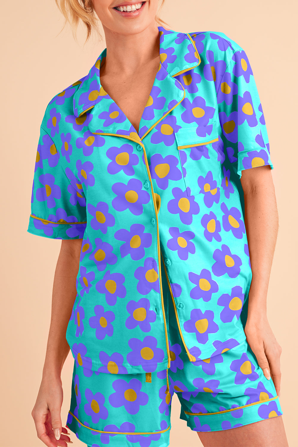 Green Flower Print Buttoned Shirt and Drawstring Waist Pajama Set - ChezWe - #tag4# - Loungewear Set