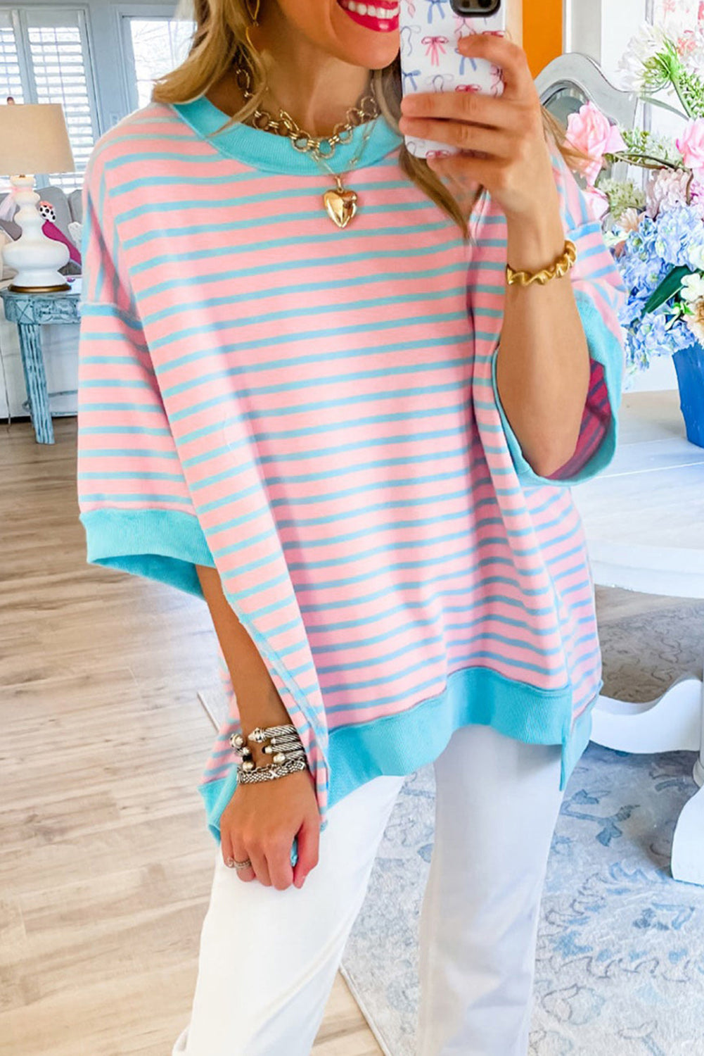 Pink Stripe Colorblock Drop Sleeve Oversized T Shirt - ChezWe - #tag4# - Oversized T Shirt