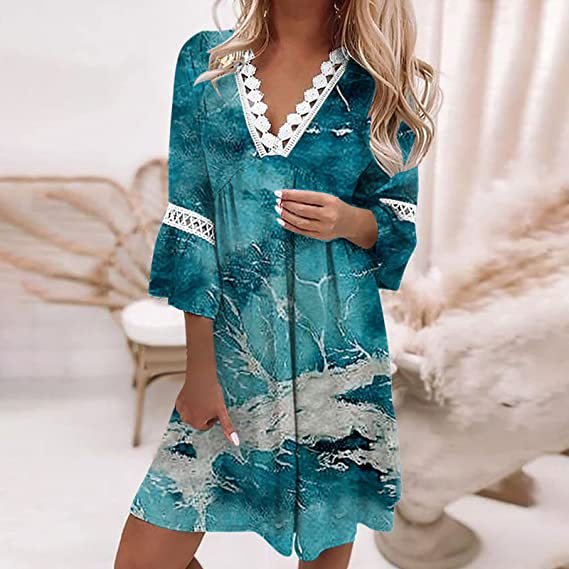 Spring V-neck Printed Lace Stitching Bohemian Leisure Holiday Style Dress - ChezWe - #tag4# - 