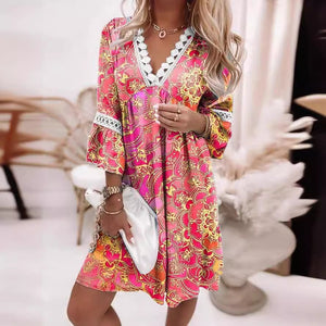 Spring V-neck Printed Lace Stitching Bohemian Leisure Holiday Style Dress - ChezWe - #tag4# - 