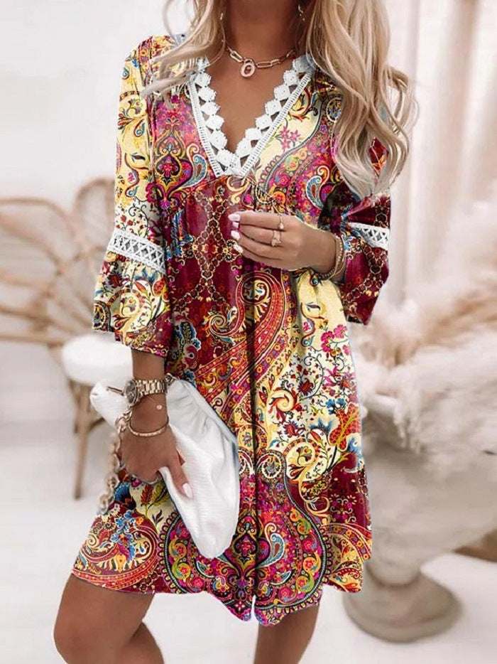 Spring V-neck Printed Lace Stitching Bohemian Leisure Holiday Style Dress - ChezWe - #tag4# - 