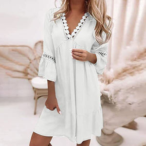 Spring V-neck Printed Lace Stitching Bohemian Leisure Holiday Style Dress - ChezWe - #tag4# - 