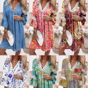 Spring V-neck Printed Lace Stitching Bohemian Leisure Holiday Style Dress - ChezWe - #tag4# - 