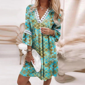 Spring V-neck Printed Lace Stitching Bohemian Leisure Holiday Style Dress - ChezWe - #tag4# - 