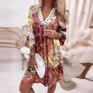 Spring V-neck Printed Lace Stitching Bohemian Leisure Holiday Style Dress - ChezWe - #tag4# - 