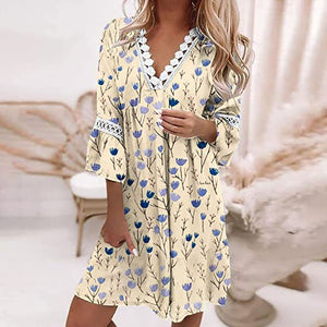 Spring V-neck Printed Lace Stitching Bohemian Leisure Holiday Style Dress - ChezWe - #tag4# - 