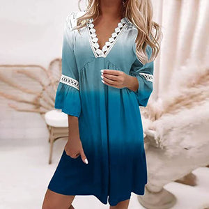 Spring V-neck Printed Lace Stitching Bohemian Leisure Holiday Style Dress - ChezWe - #tag4# - 