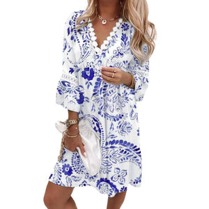 Spring V-neck Printed Lace Stitching Bohemian Leisure Holiday Style Dress - ChezWe - #tag4# - Spring V-neck Printed Lace Stitching Bohemian Leisure Holiday Style Dress - ChezWe - #tag4# -  -  - 