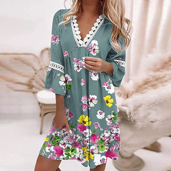 Spring V-neck Printed Lace Stitching Bohemian Leisure Holiday Style Dress - ChezWe - #tag4# - 